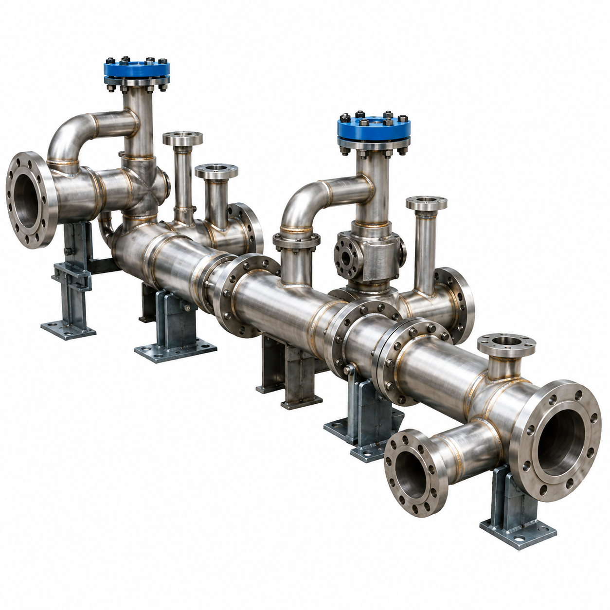 Industrial piping spool fabrication assembly with stainless steel pipes, flanges, elbows, and welded fittings used in refinery, power plant, and process piping applications.