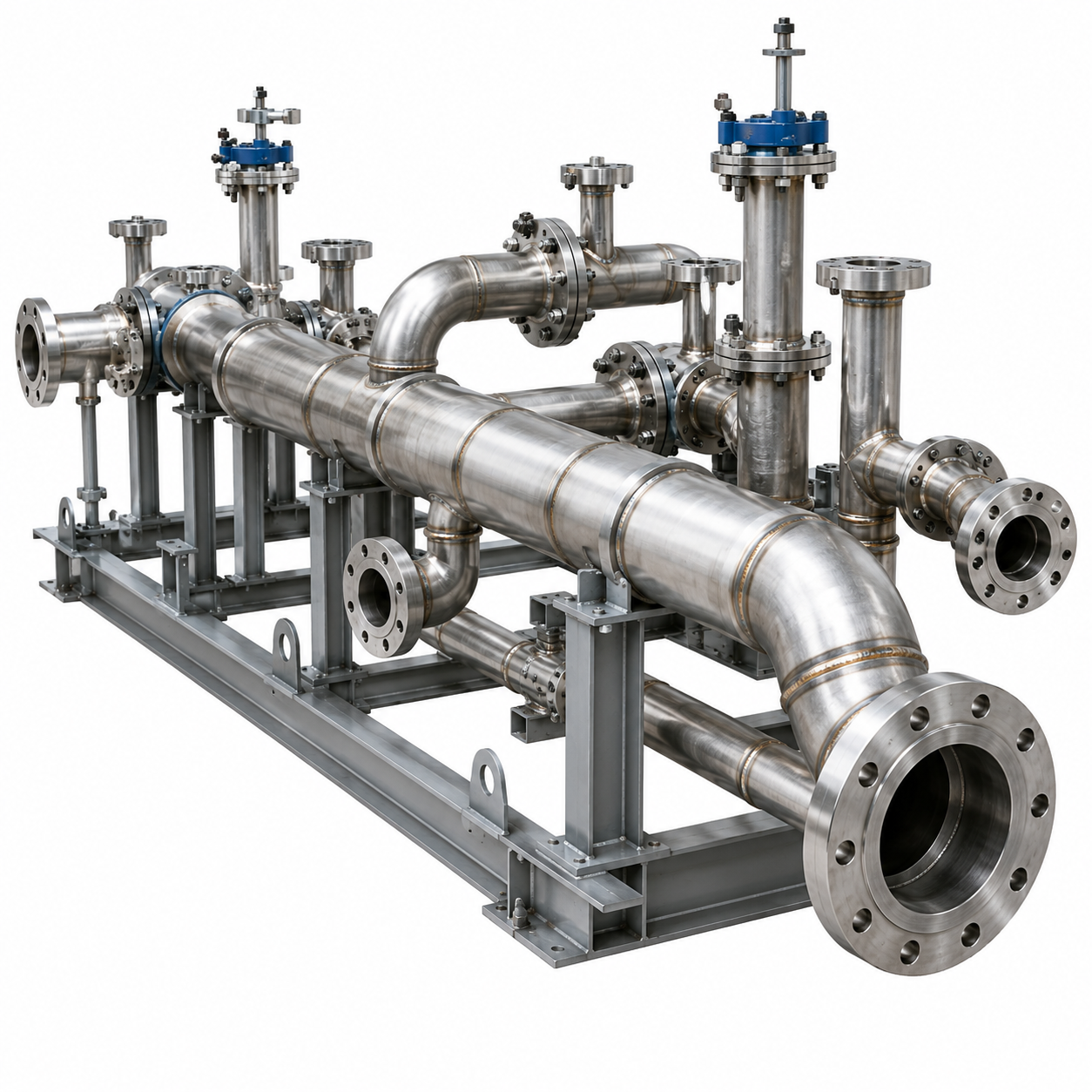 Steel Gems pipe spool fabrication services featuring prefabricated industrial piping assemblies with flanges and welded fittings.